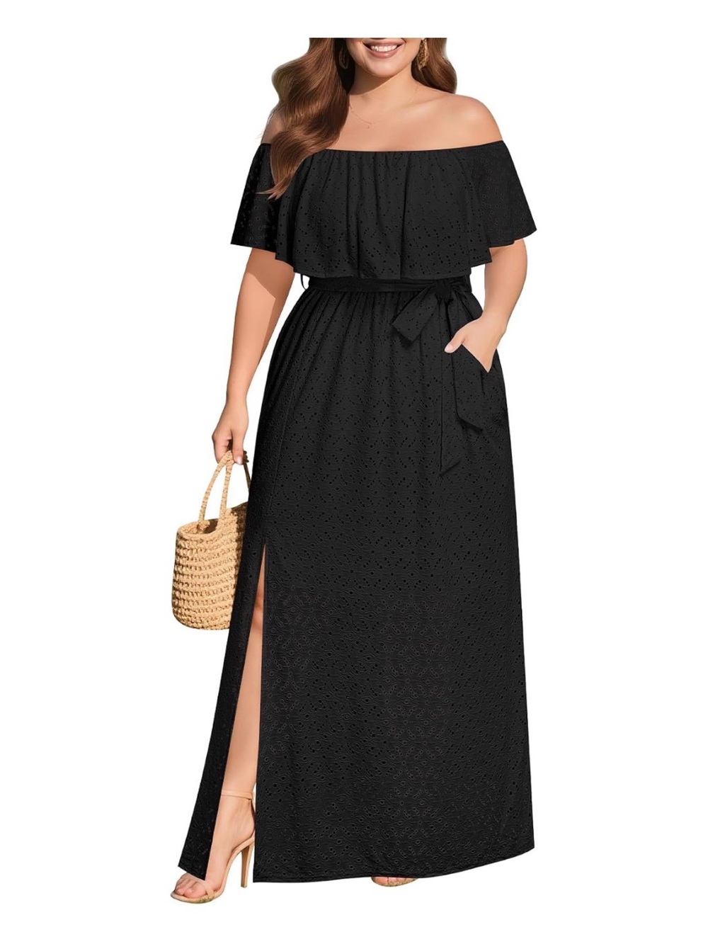 Pinup Fashion Women Plus Size Summer Casual Off Shoulder Eyelet Maxi Dress